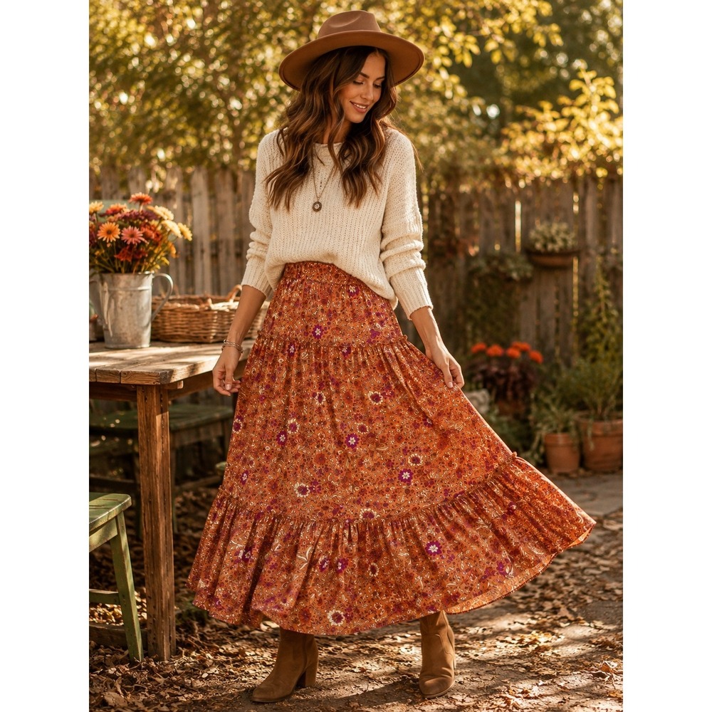Luna Moon Small Boho Floral Tiered Maxi Skirt Orange Purple Cottagecore Fall